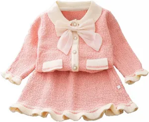 Toddler Girls Fall Winter Outfit Knitted Buttons Sweater Top Mini Skirt Ruffle Long Sleeve Tutu Dress 2PCS Clothes Set