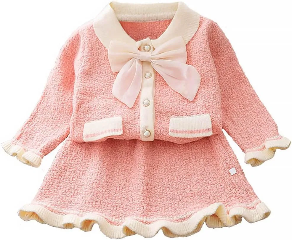 Toddler Girls Fall Winter Outfit Knitted Buttons Sweater Top Mini Skirt Ruffle Long Sleeve Tutu Dress 2PCS Clothes Set