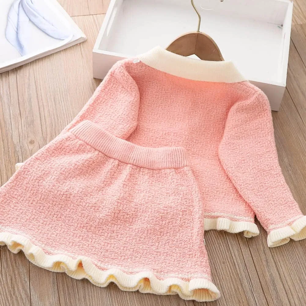 Toddler Girls Fall Winter Outfit Knitted Buttons Sweater Top Mini Skirt Ruffle Long Sleeve Tutu Dress 2PCS Clothes Set