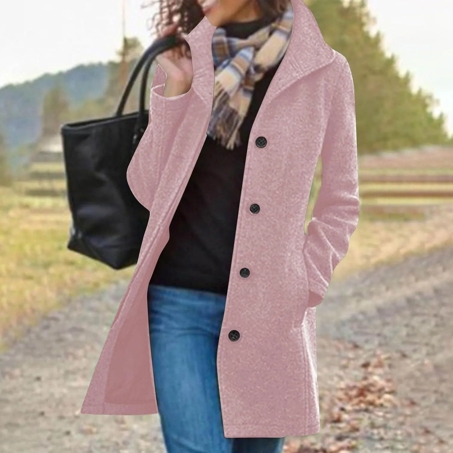 Trench Coat for Women 2024 Casual Lapel Single Breasted Pea Coat Trendy Winter Warm Wool Coats Mid-Long Overcoat