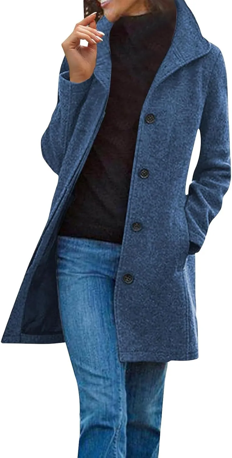 Trench Coat for Women Winter Lapel Collar Single Breasted Pea Coats Wool Blend Warm Windproof Winter Blazer Jacket