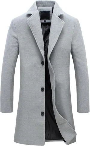 Trench Coat Men Single Breasted Wool Blend Coat, Notched Lapel Mid Length Pea Coat, Warm Winter Trench Coat With Pockets