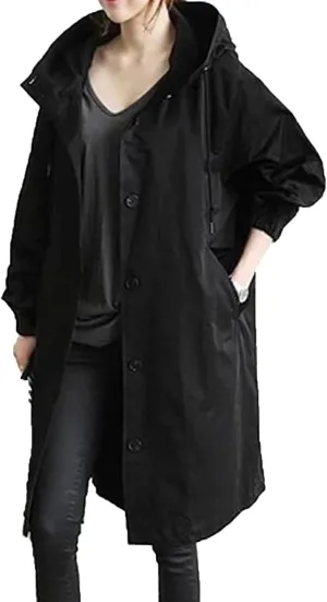 Trench Coat Women Casual Lightweight Single Breasted Hooded Trench Jacket Long Waterproof Windbreaker with Pocket