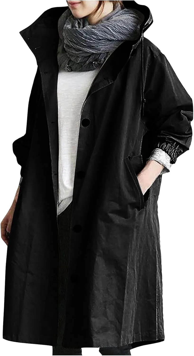 Trench Coat Women Casual Lightweight Single Breasted Hooded Trench Jacket Long Waterproof Windbreaker with Pocket