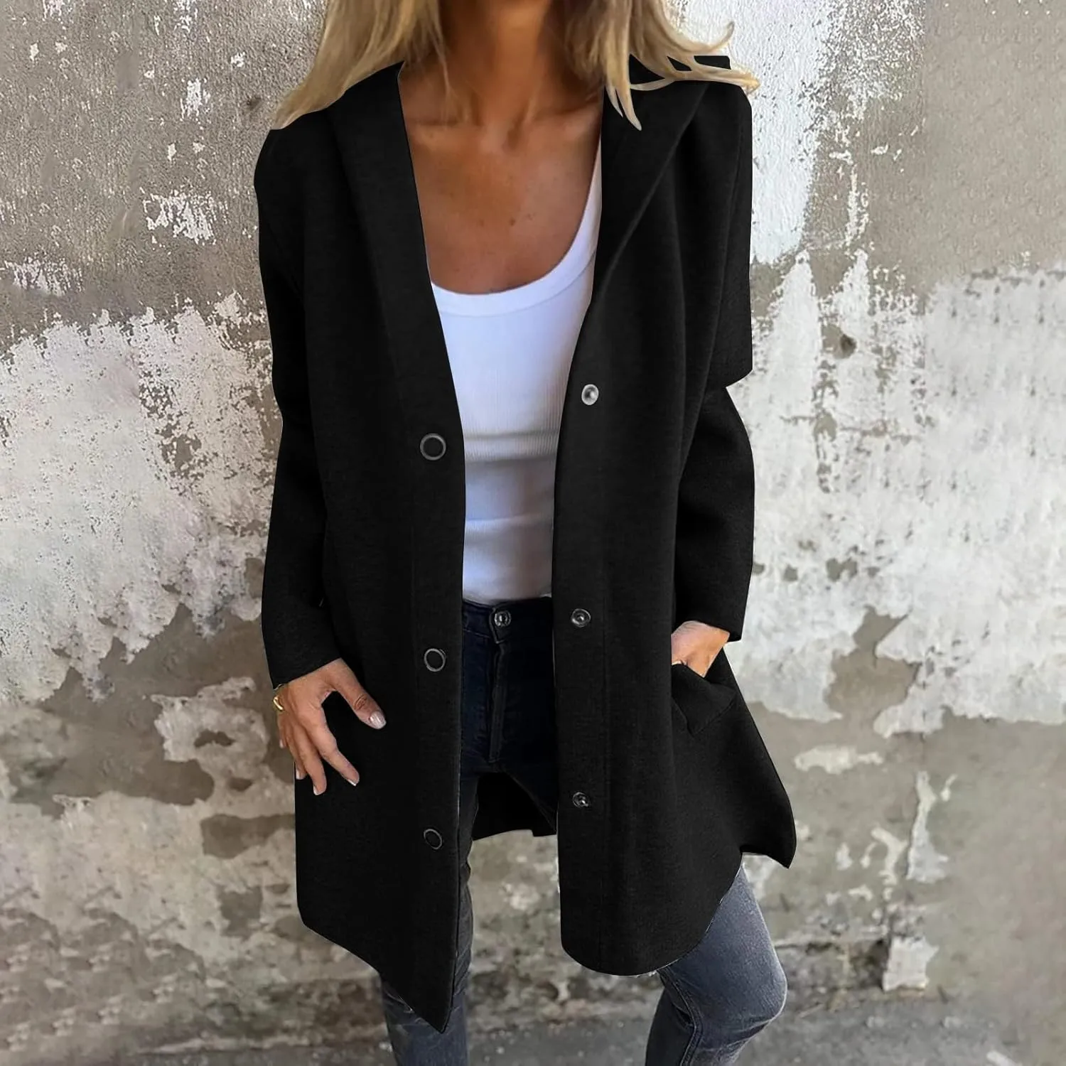 Trench Coat Women Dressy Casual Single Breasted Anoraks Hooded Jacket Lapel Neck Long Sleeve Coat Fall Winter Outwear