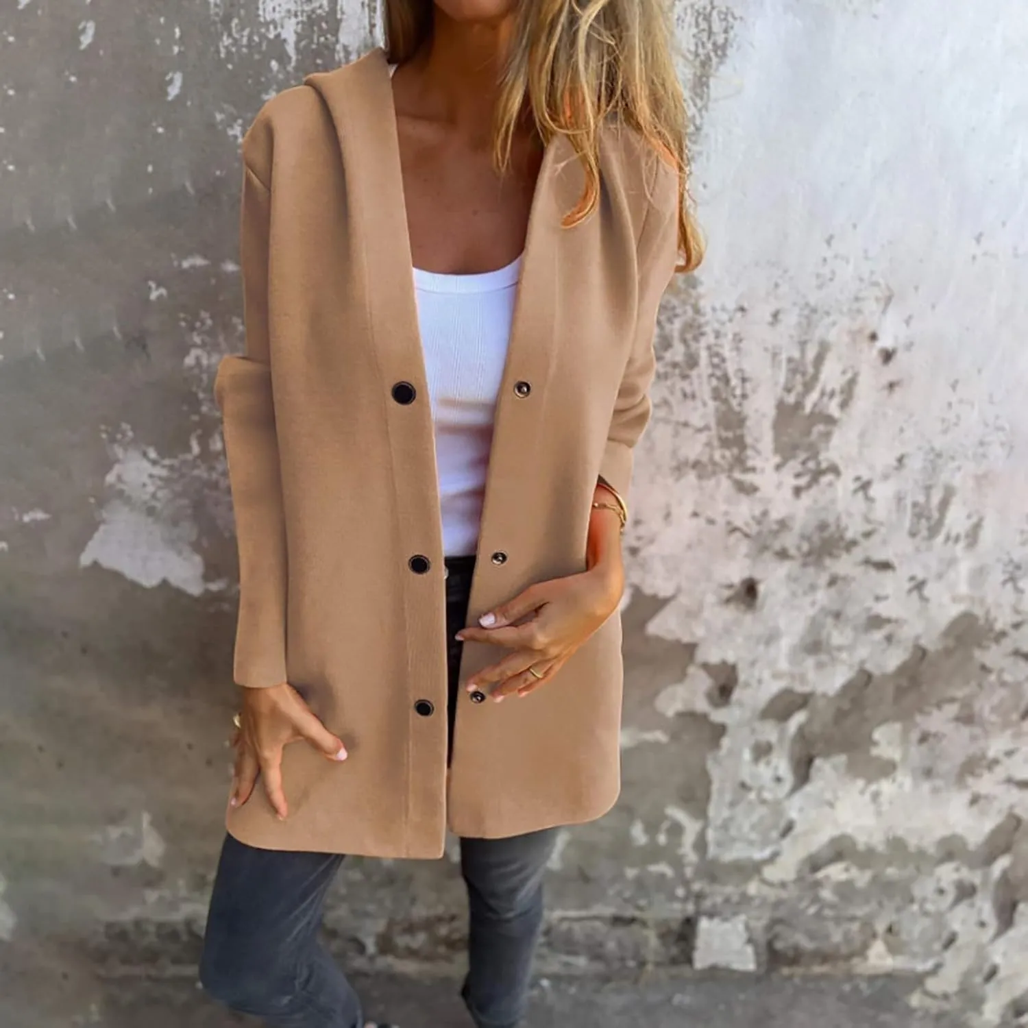 Trench Coat Women Dressy Casual Single Breasted Anoraks Hooded Jacket Lapel Neck Long Sleeve Coat Fall Winter Outwear
