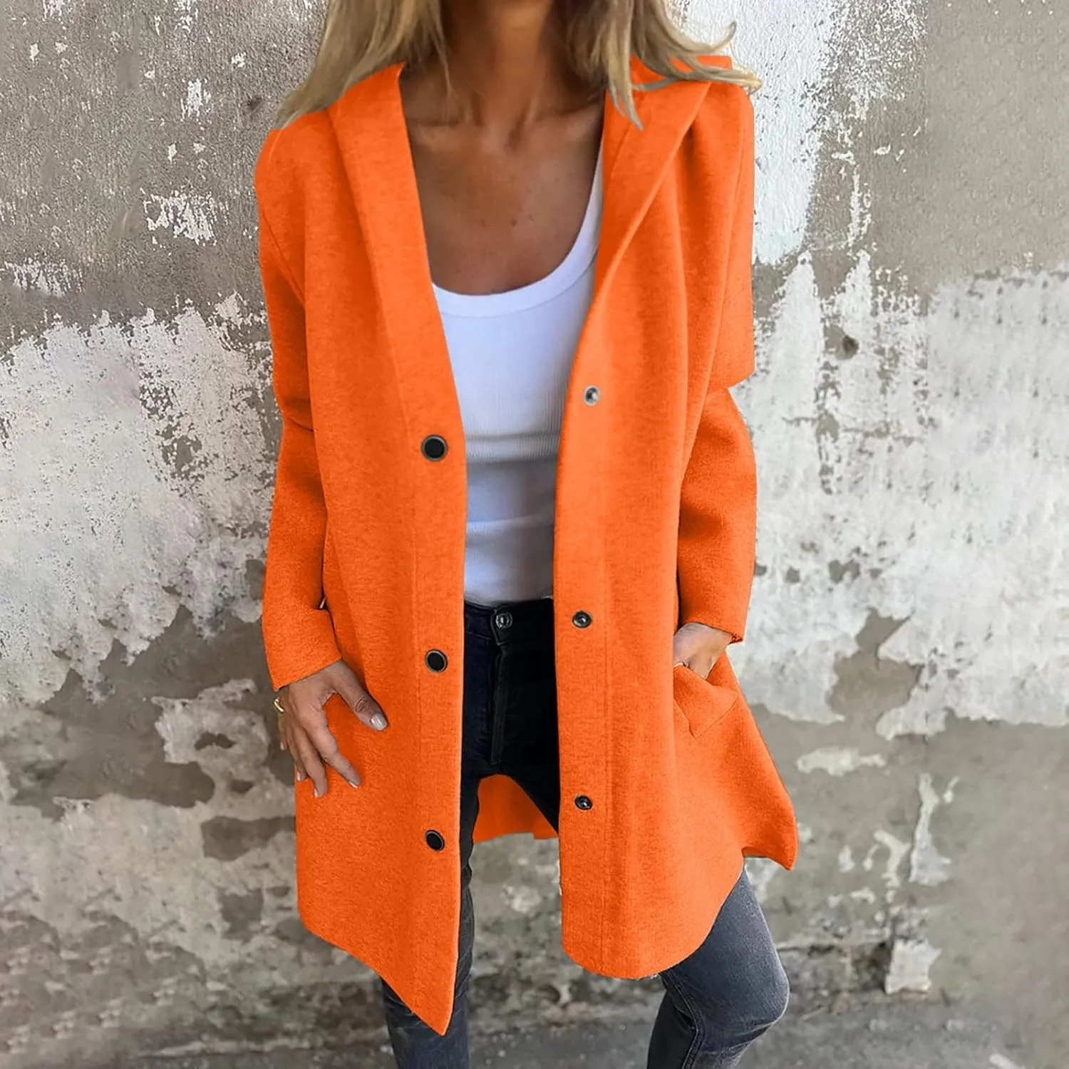 Trench Coat Women Dressy Casual Single Breasted Anoraks Hooded Jacket Lapel Neck Long Sleeve Coat Fall Winter Outwear