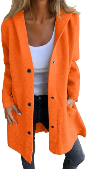 Trench Coat Women Dressy Casual Single Breasted Anoraks Hooded Jacket Lapel Neck Long Sleeve Coat Fall Winter Outwear