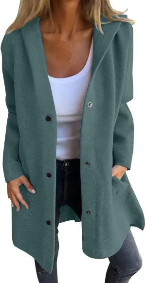 Trench Coat Women Dressy Casual Single Breasted Anoraks Hooded Jacket Lapel Neck Long Sleeve Coat Fall Winter Outwear