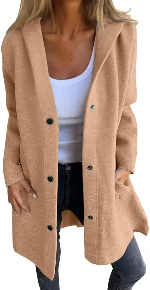 Trench Coat Women Dressy Casual Single Breasted Anoraks Hooded Jacket Lapel Neck Long Sleeve Coat Fall Winter Outwear