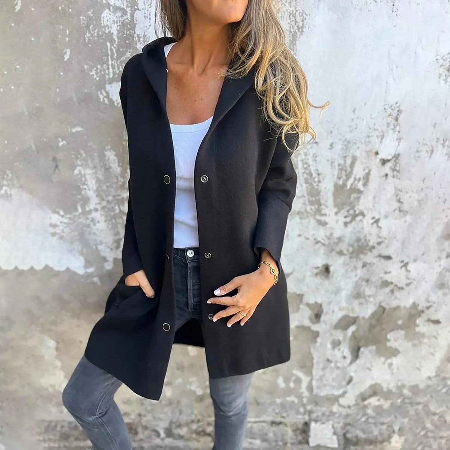 Trench Coat Women Dressy Casual Single Breasted Anoraks Hooded Jacket Lapel Neck Long Sleeve Coat Fall Winter Outwear