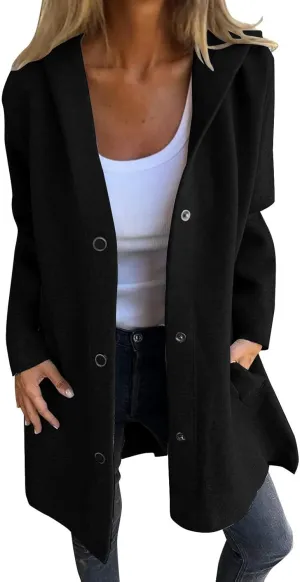 Trench Coat Women Dressy Casual Single Breasted Anoraks Hooded Jacket Lapel Neck Long Sleeve Coat Fall Winter Outwear