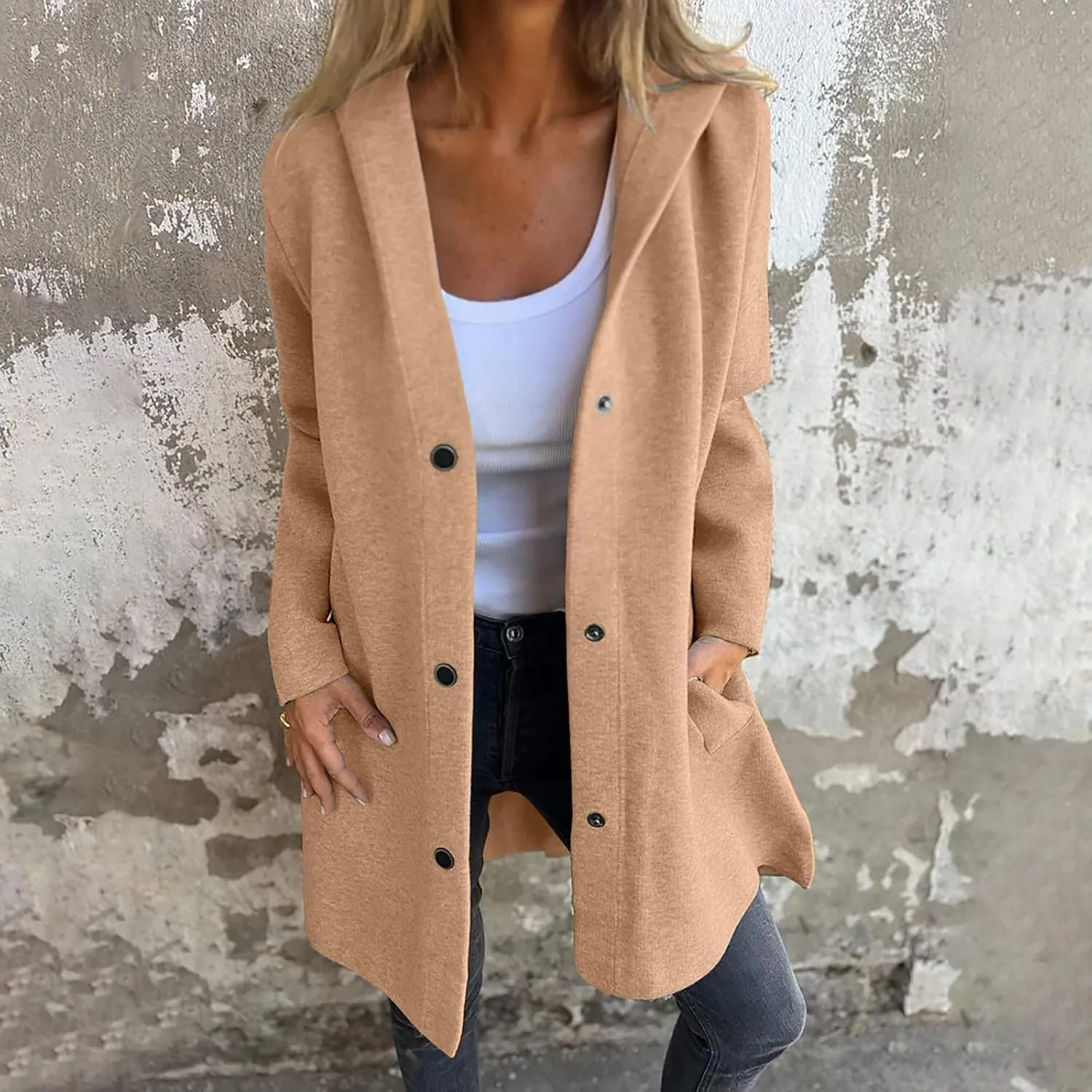 Trench Coat Women Dressy Casual Single Breasted Anoraks Hooded Jacket Lapel Neck Long Sleeve Coat Fall Winter Outwear