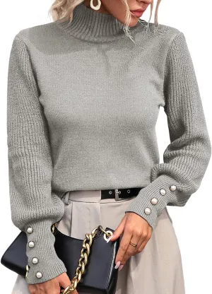 Upopby Women's Fall Winter Turtleneck Sweaters for Women Lantern Sleeve Knitted Pullover Sweater Jumper Tops