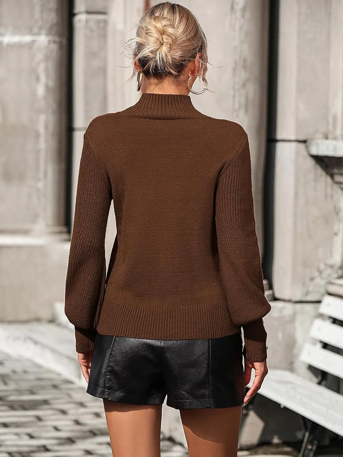 Upopby Women's Fall Winter Turtleneck Sweaters for Women Lantern Sleeve Knitted Pullover Sweater Jumper Tops