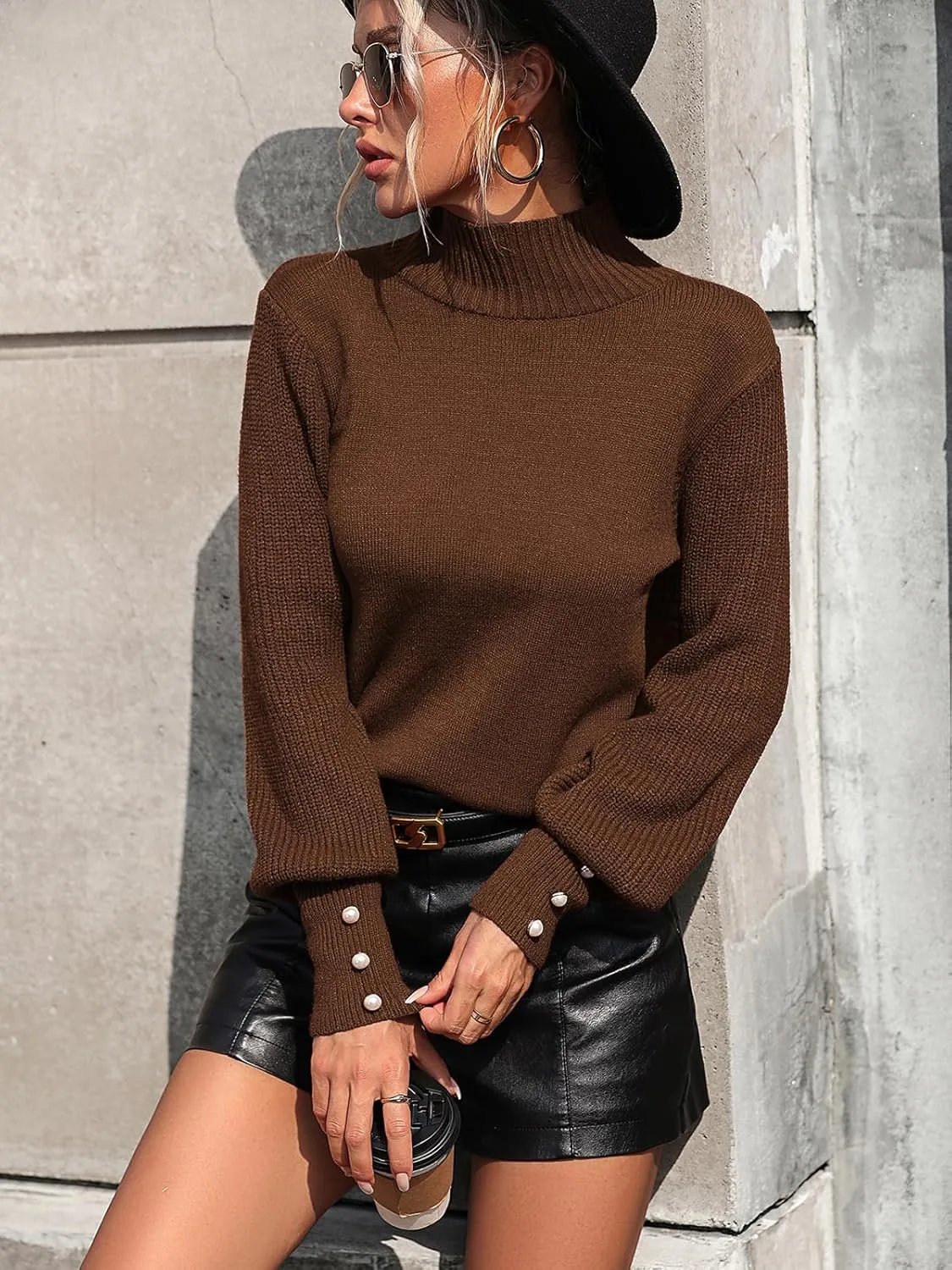 Upopby Women's Fall Winter Turtleneck Sweaters for Women Lantern Sleeve Knitted Pullover Sweater Jumper Tops