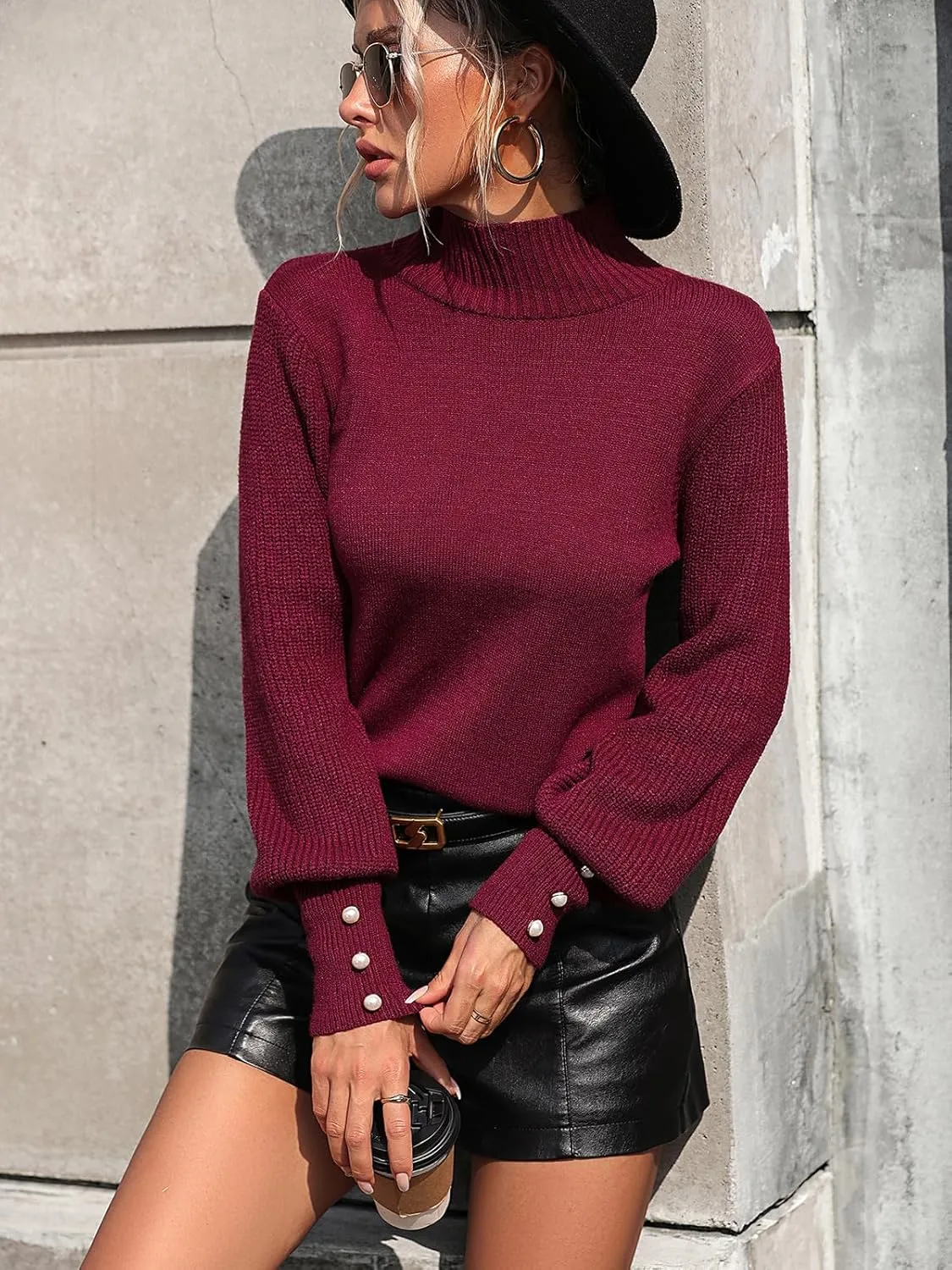 Upopby Women's Fall Winter Turtleneck Sweaters for Women Lantern Sleeve Knitted Pullover Sweater Jumper Tops