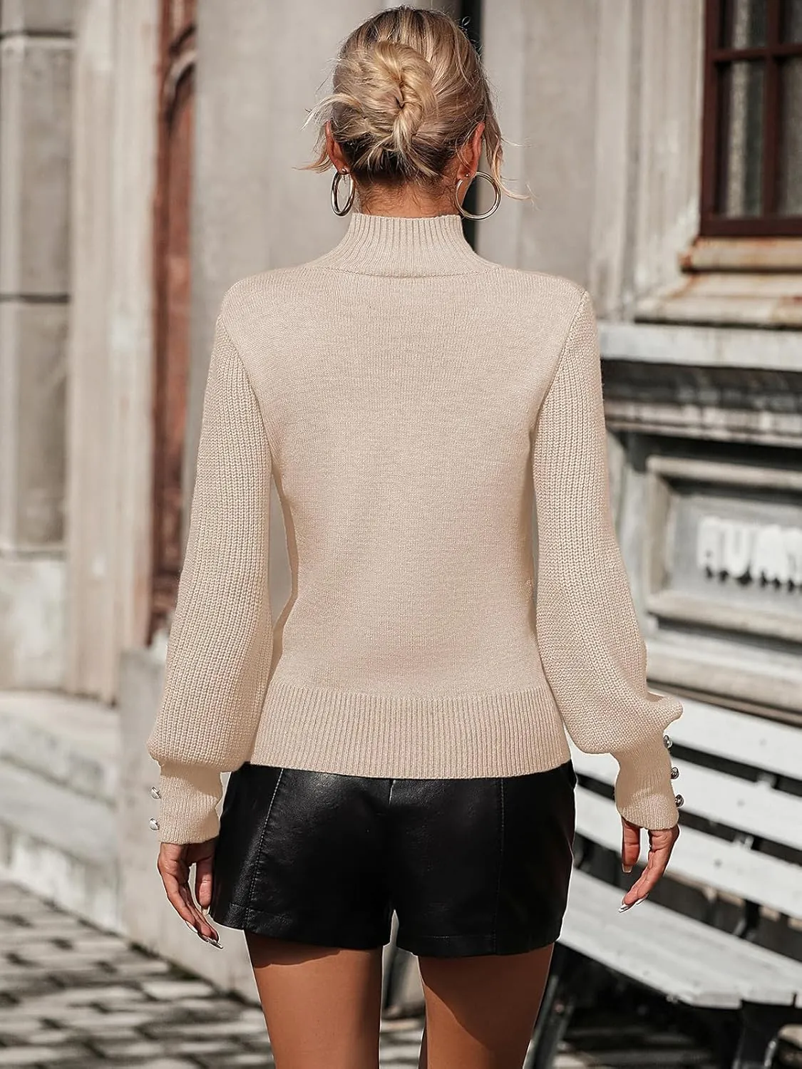 Upopby Women's Fall Winter Turtleneck Sweaters for Women Lantern Sleeve Knitted Pullover Sweater Jumper Tops