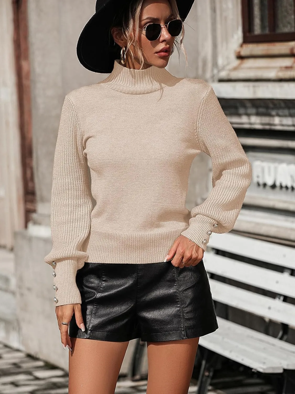 Upopby Women's Fall Winter Turtleneck Sweaters for Women Lantern Sleeve Knitted Pullover Sweater Jumper Tops