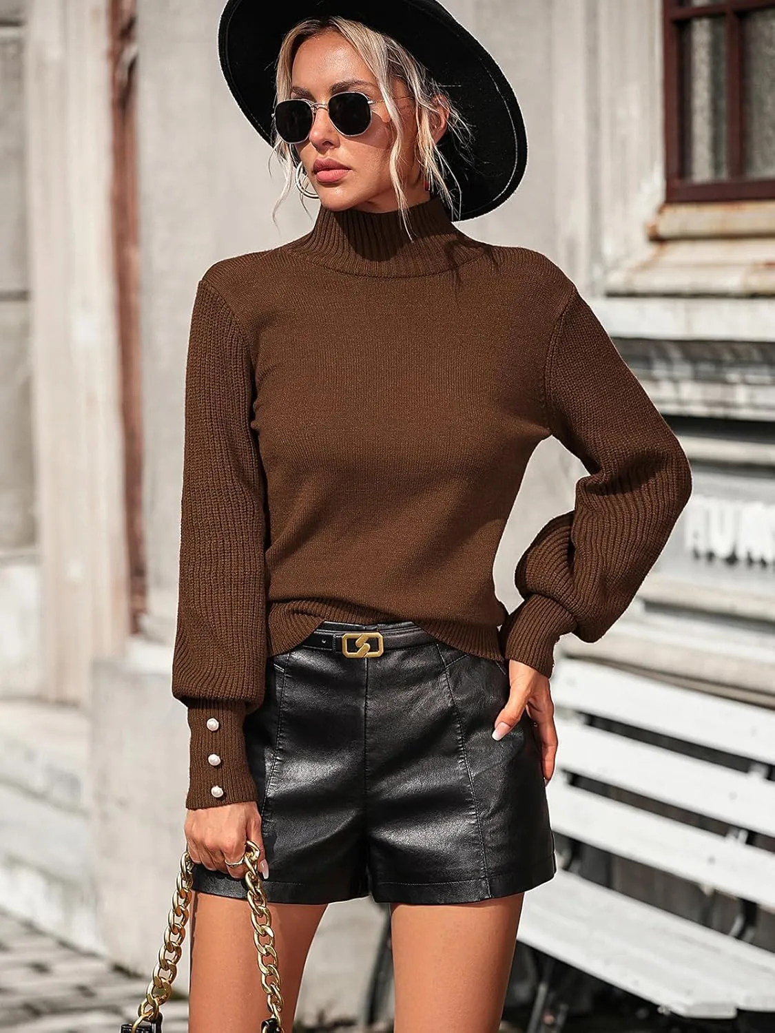 Upopby Women's Fall Winter Turtleneck Sweaters for Women Lantern Sleeve Knitted Pullover Sweater Jumper Tops