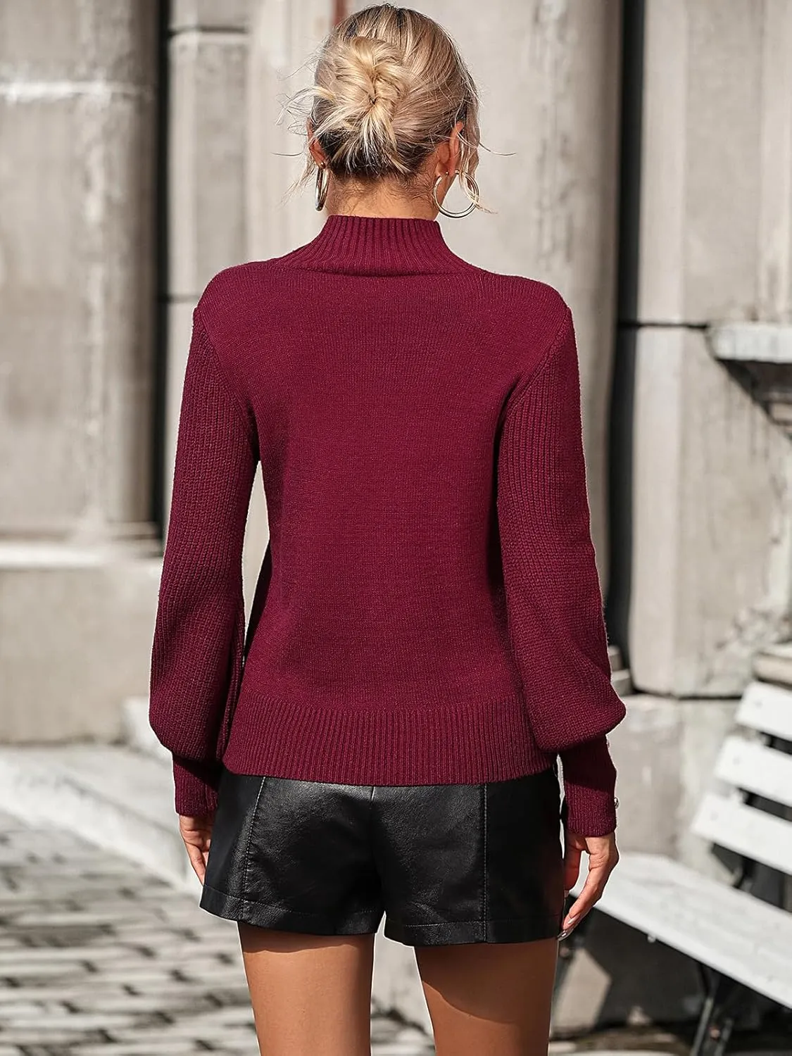 Upopby Women's Fall Winter Turtleneck Sweaters for Women Lantern Sleeve Knitted Pullover Sweater Jumper Tops