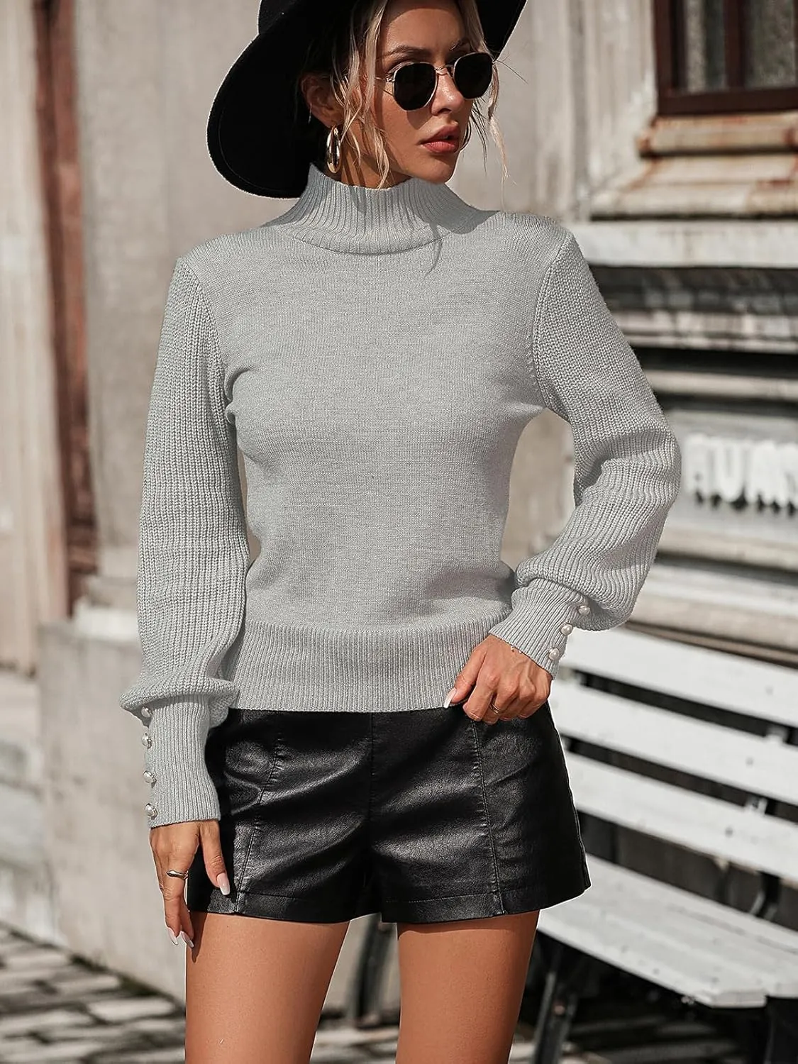 Upopby Women's Fall Winter Turtleneck Sweaters for Women Lantern Sleeve Knitted Pullover Sweater Jumper Tops