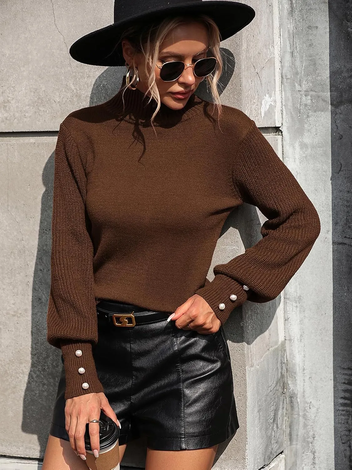 Upopby Women's Fall Winter Turtleneck Sweaters for Women Lantern Sleeve Knitted Pullover Sweater Jumper Tops