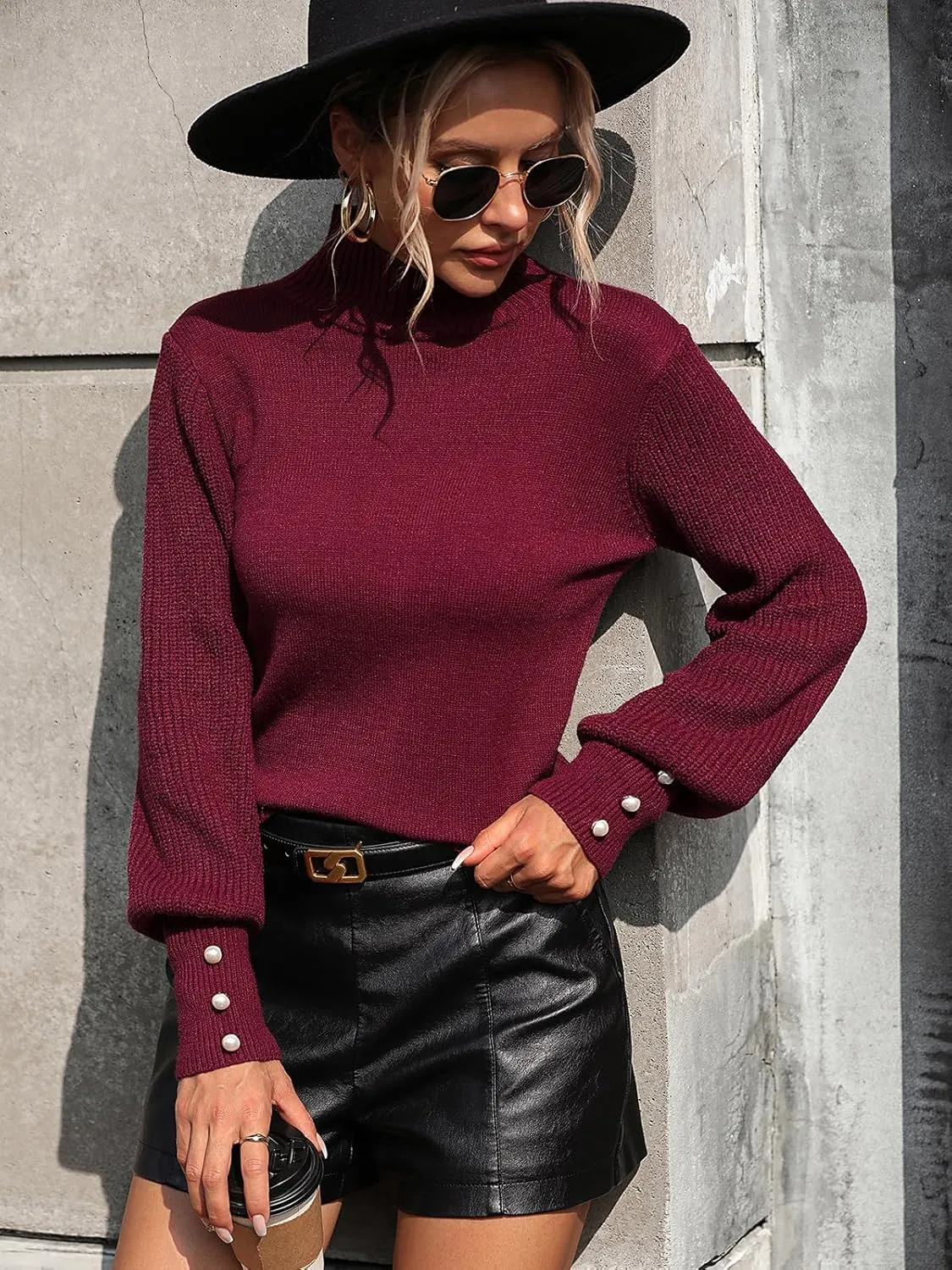 Upopby Women's Fall Winter Turtleneck Sweaters for Women Lantern Sleeve Knitted Pullover Sweater Jumper Tops