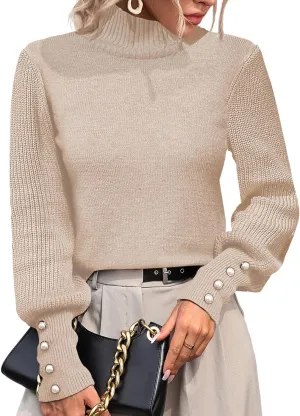 Upopby Women's Fall Winter Turtleneck Sweaters for Women Lantern Sleeve Knitted Pullover Sweater Jumper Tops