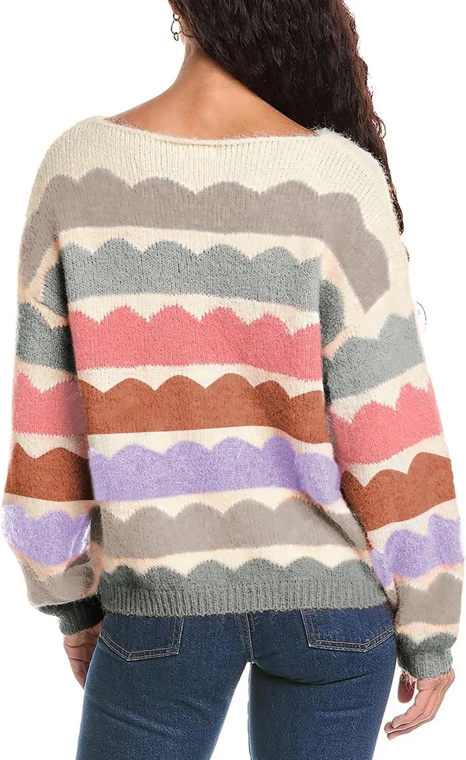 Urchics Womens Fall Long Sleeve Knit Sweater Oversized Drop Shoulder Striped Color Block Winter Pullover Sweater Tops