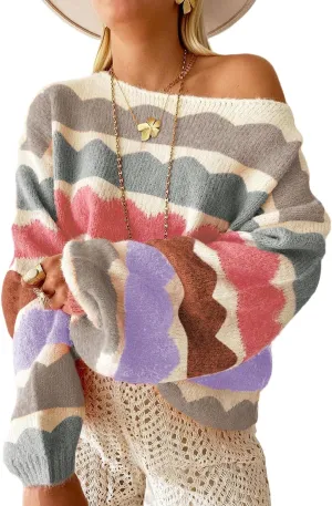 Urchics Womens Fall Long Sleeve Knit Sweater Oversized Drop Shoulder Striped Color Block Winter Pullover Sweater Tops