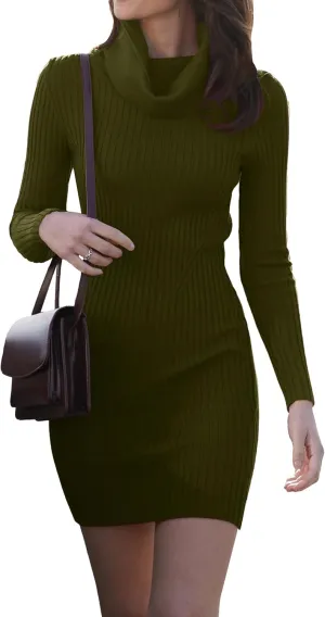 v28 Sweater Dress for Women Ribbed Knit Fitted midi Sexy Fall Winter Bodycon Cowl Neck Dresses