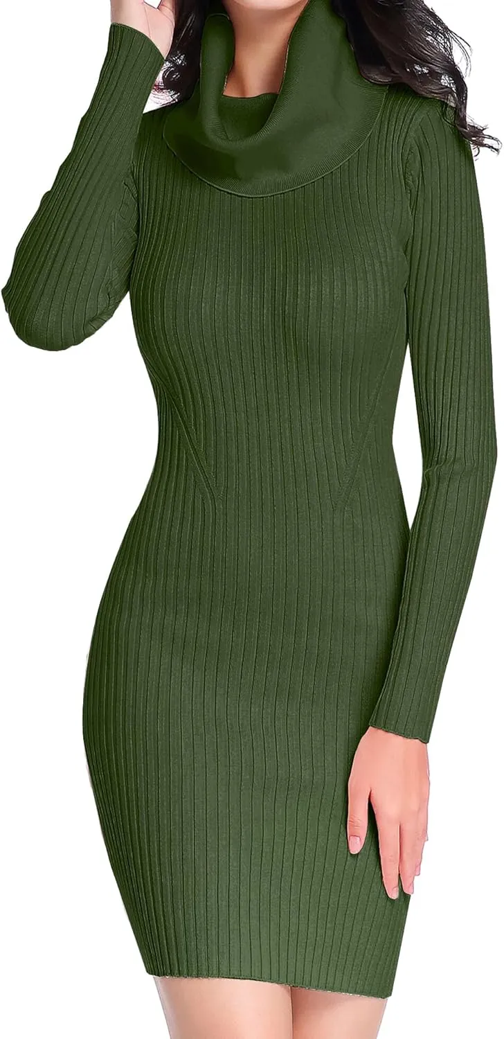 v28 Sweater Dress for Women Ribbed Knit Fitted midi Sexy Fall Winter Bodycon Cowl Neck Dresses