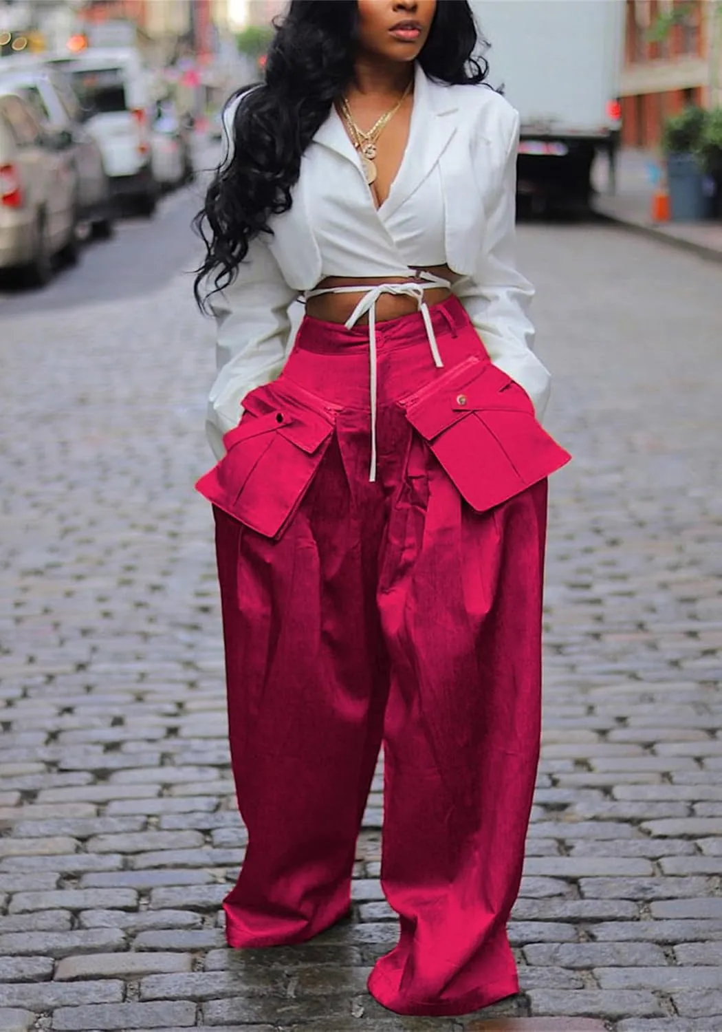 Vakkest Women's Casual Satin Cargo Pants Baggy Wide Leg Folds Pants Streetwear High Waist Palazzo Trousers with Flap Pockets