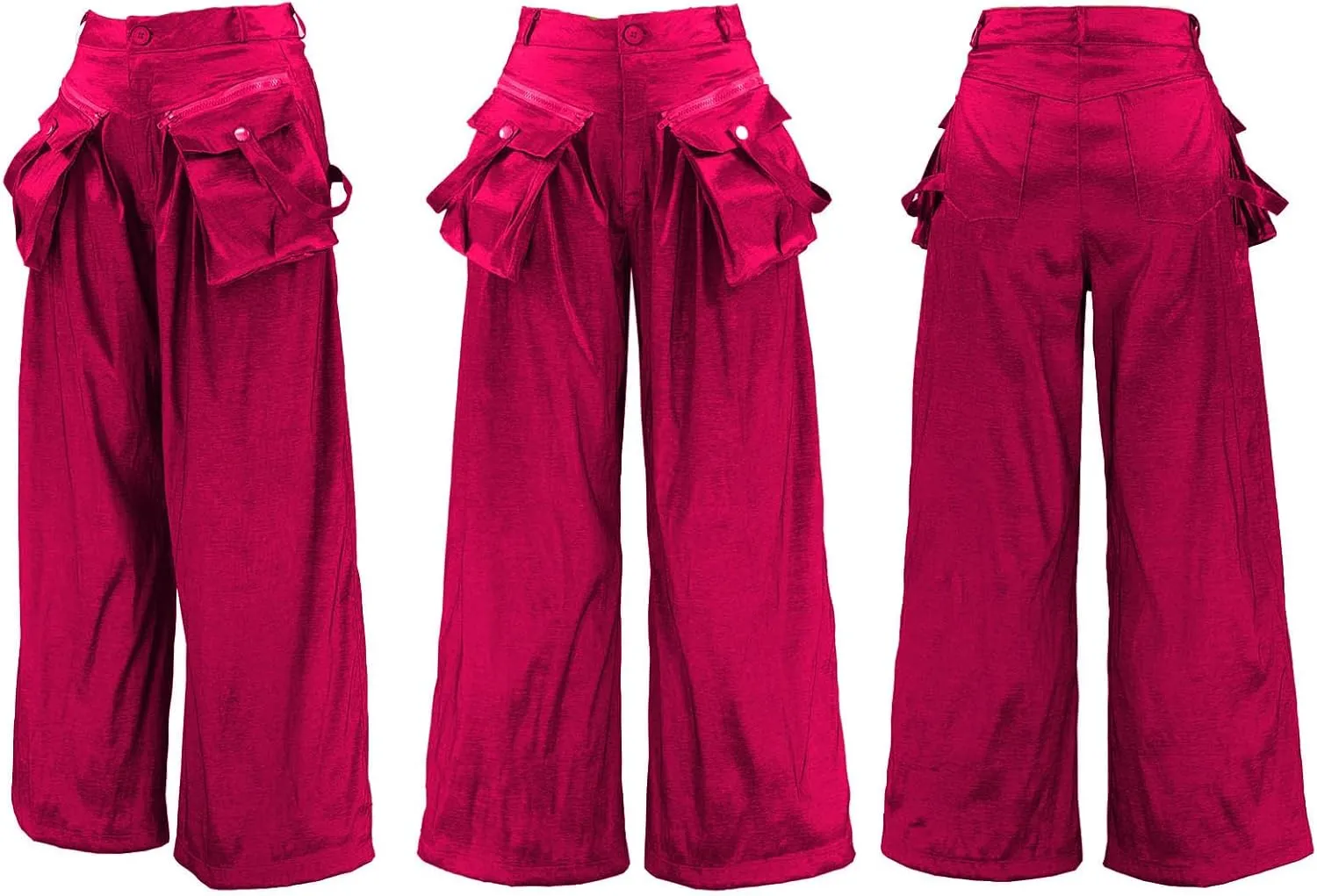 Vakkest Women's Casual Satin Cargo Pants Baggy Wide Leg Folds Pants Streetwear High Waist Palazzo Trousers with Flap Pockets