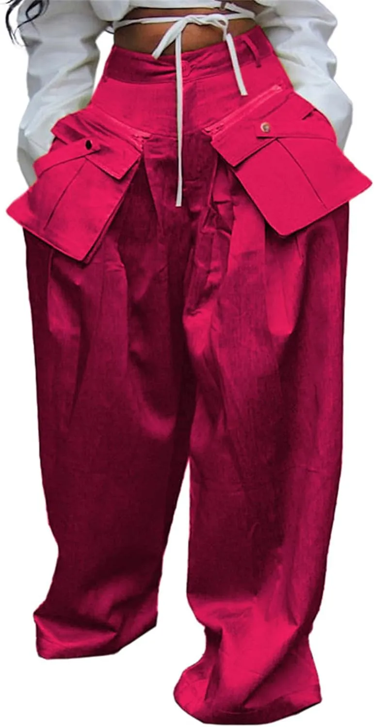 Vakkest Women's Casual Satin Cargo Pants Baggy Wide Leg Folds Pants Streetwear High Waist Palazzo Trousers with Flap Pockets