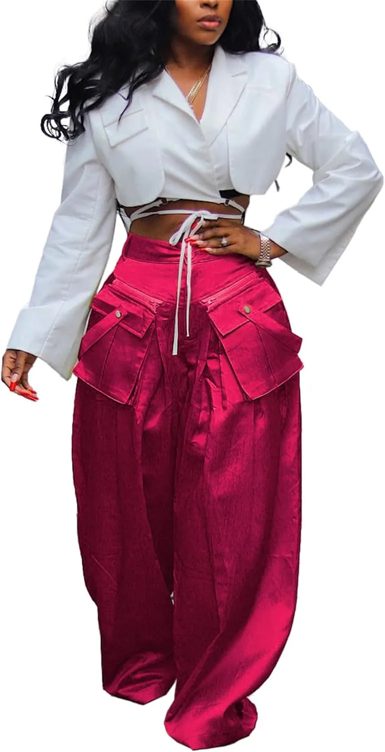 Vakkest Women's Casual Satin Cargo Pants Baggy Wide Leg Folds Pants Streetwear High Waist Palazzo Trousers with Flap Pockets
