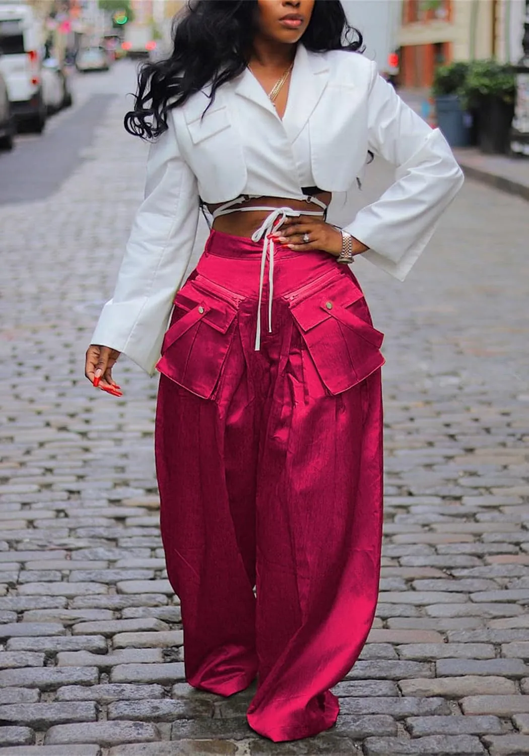 Vakkest Women's Casual Satin Cargo Pants Baggy Wide Leg Folds Pants Streetwear High Waist Palazzo Trousers with Flap Pockets