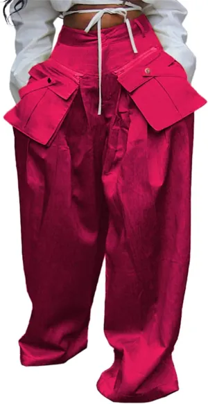 Vakkest Women's Casual Satin Cargo Pants Baggy Wide Leg Folds Pants Streetwear High Waist Palazzo Trousers with Flap Pockets