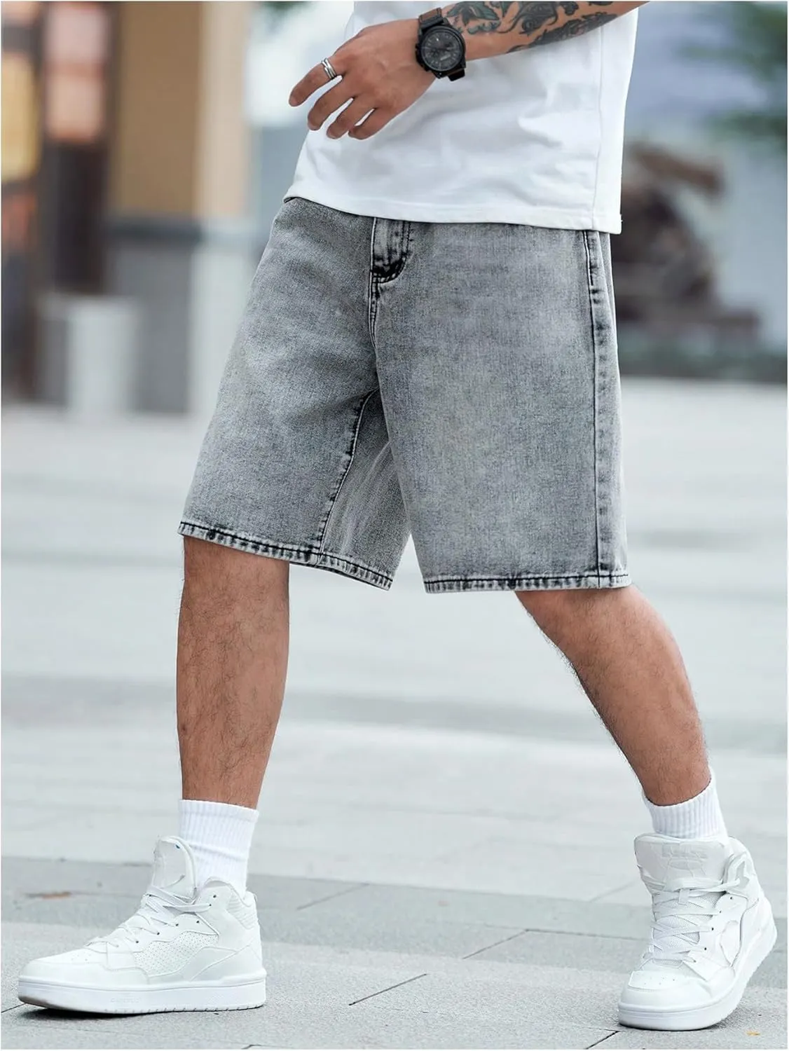Verdusa Men's Wide Leg Baggy Jean Shorts Mid Waist Vintage Summer Denim Shorts