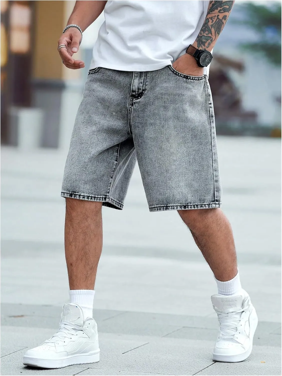 Verdusa Men's Wide Leg Baggy Jean Shorts Mid Waist Vintage Summer Denim Shorts