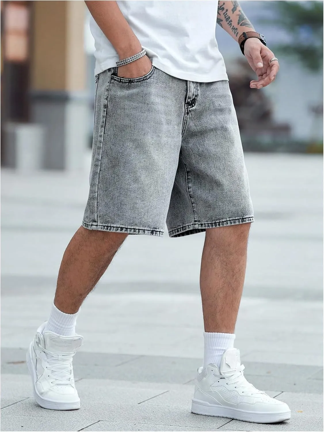 Verdusa Men's Wide Leg Baggy Jean Shorts Mid Waist Vintage Summer Denim Shorts