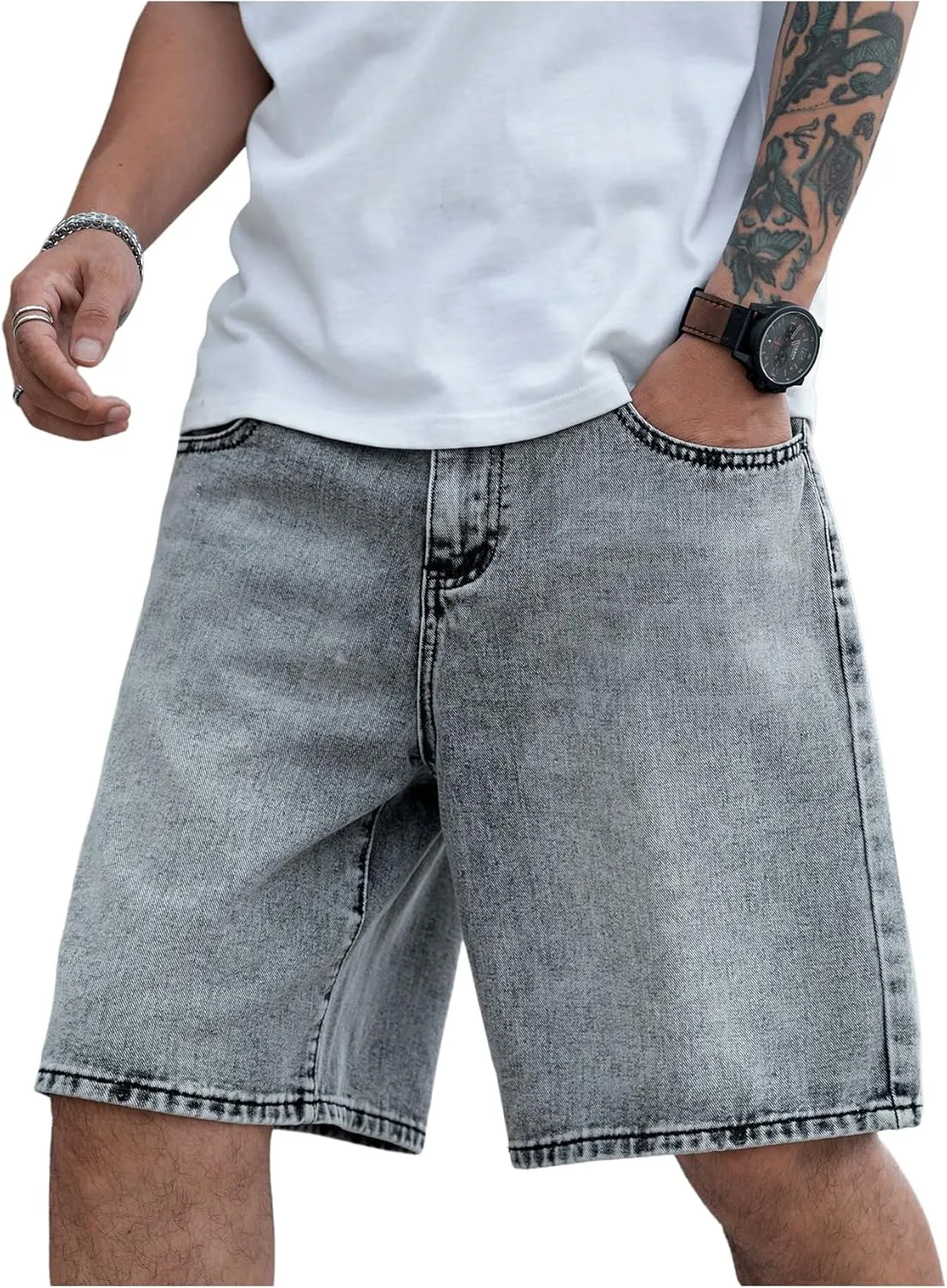 Verdusa Men's Wide Leg Baggy Jean Shorts Mid Waist Vintage Summer Denim Shorts