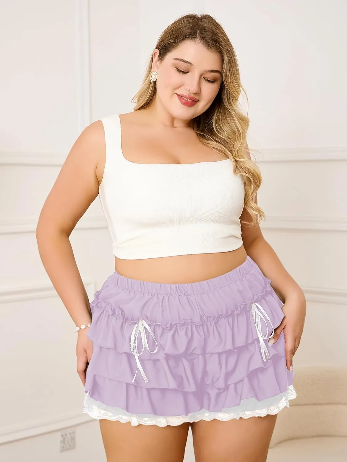 Verdusa Women's Plus Size Coquette Ruffle Shorts Bow Front Lace Trim Bloomer Shorts