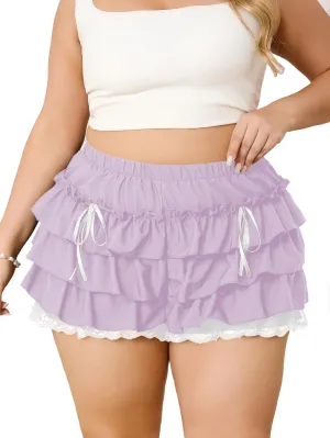 Verdusa Women's Plus Size Coquette Ruffle Shorts Bow Front Lace Trim Bloomer Shorts