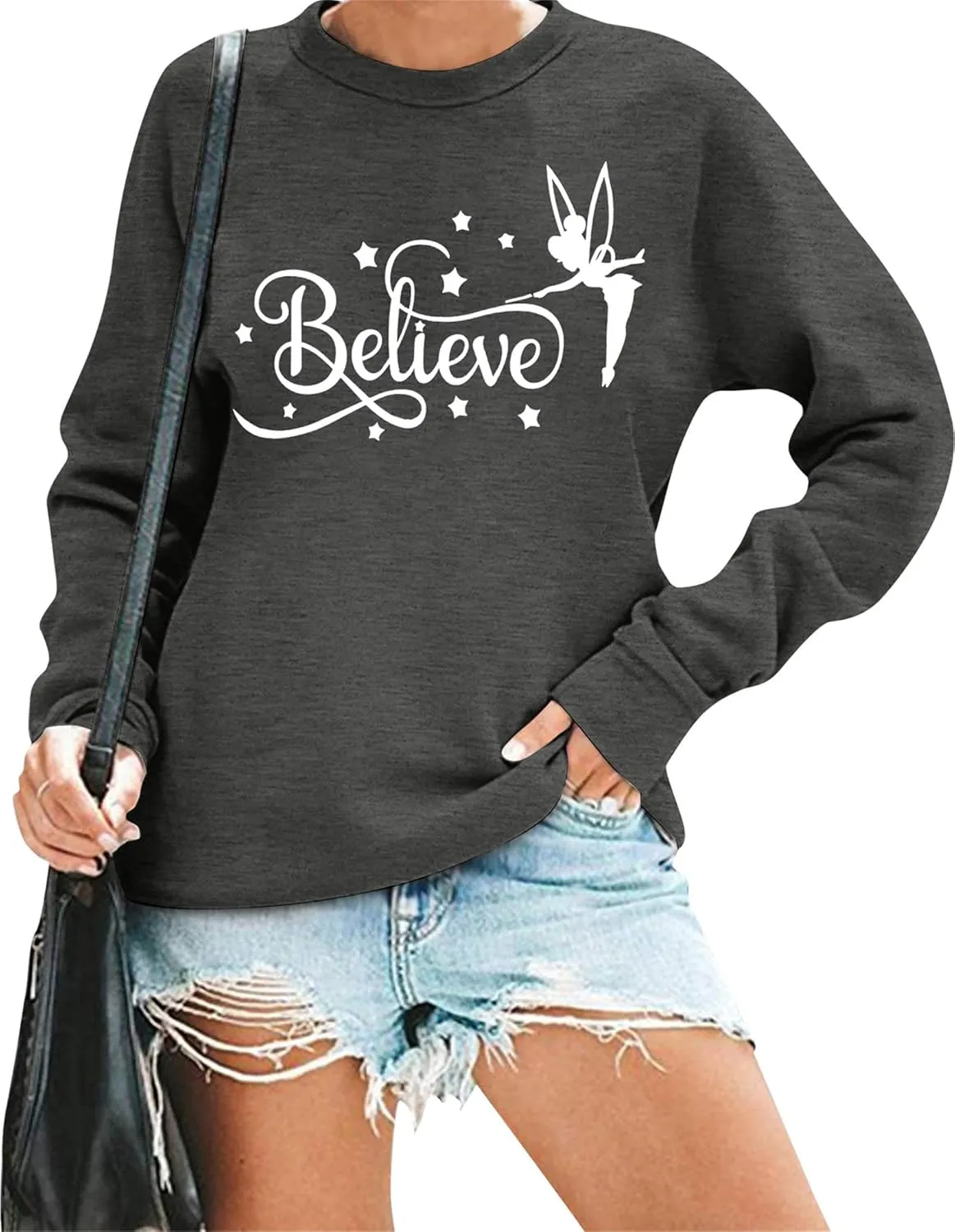 VILOVE Believe in Magic Sweatshirt Women Cute Fairy Graphic Shirt Magic Kingdom Shirt Funny Family Vacation Long Sleeve Top