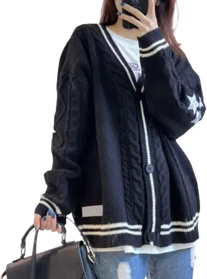 Vintage Knit Cardigan Sweater Women Oversize Star Embroidery Cardigan Folklore Knitted Sweater