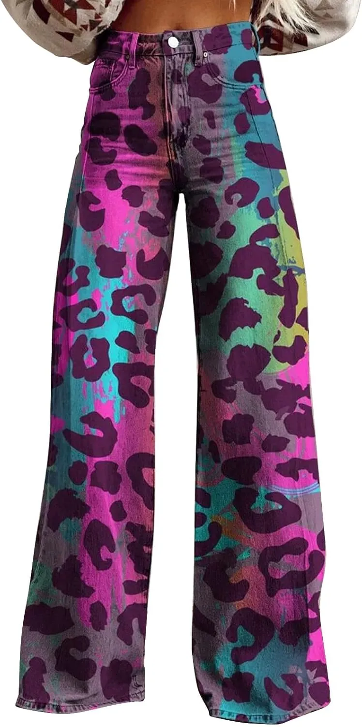 Vintage Printed Wide Leg Pants for Women Casual Floral Print Palazzo Pants High Waisted Bootcut Imitation Denim Pants