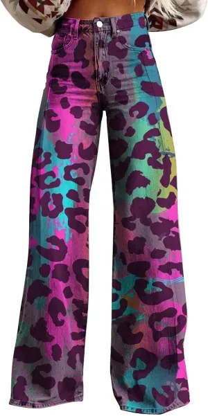 Vintage Printed Wide Leg Pants for Women Casual Floral Print Palazzo Pants High Waisted Bootcut Imitation Denim Pants