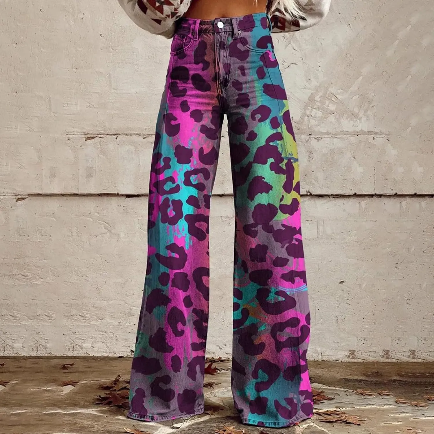 Vintage Printed Wide Leg Pants for Women Casual Floral Print Palazzo Pants High Waisted Bootcut Imitation Denim Pants